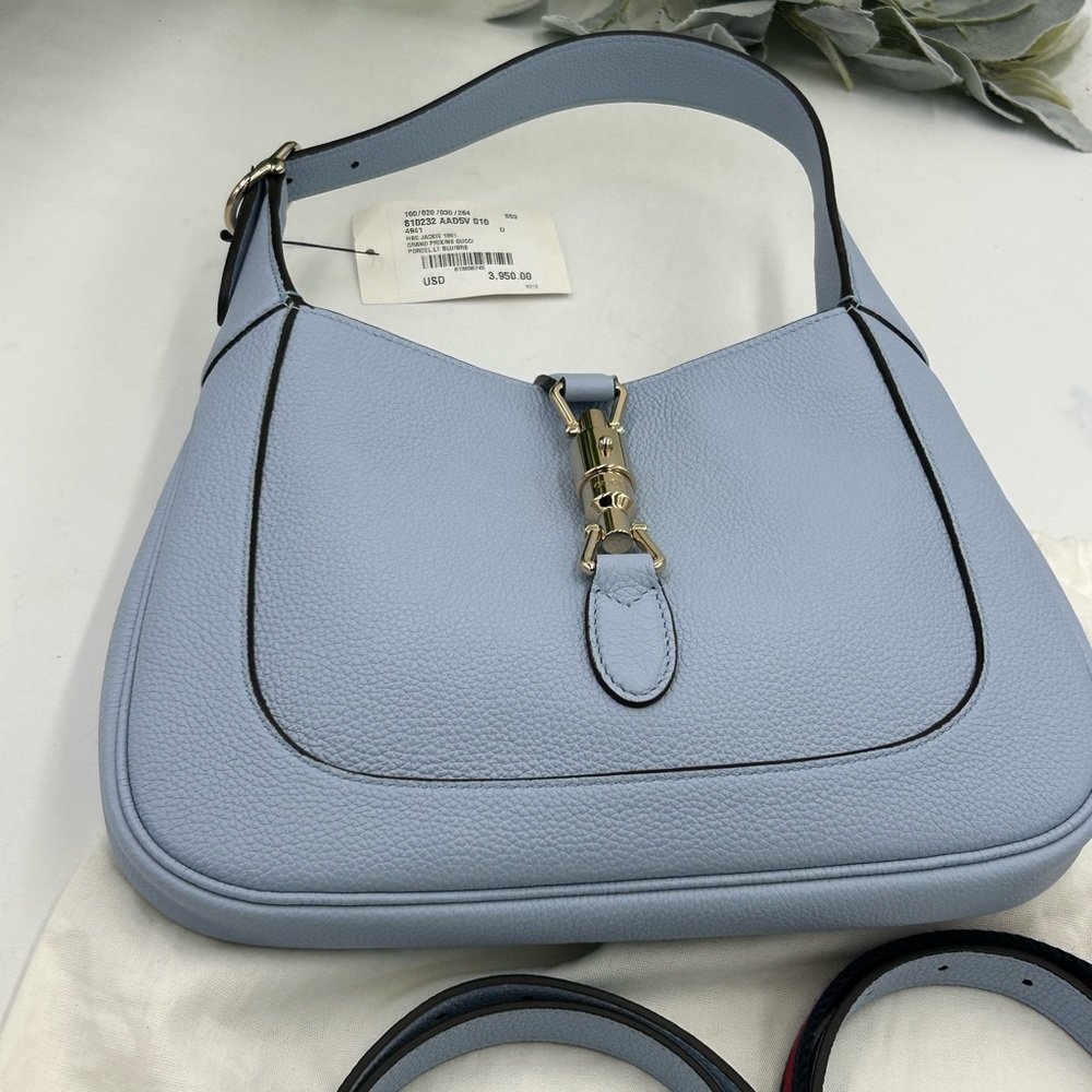 Women's Gucci, Jackie, 1961 hobo bag medium size light blue grain calf skin NWT - Picture 6 of 16